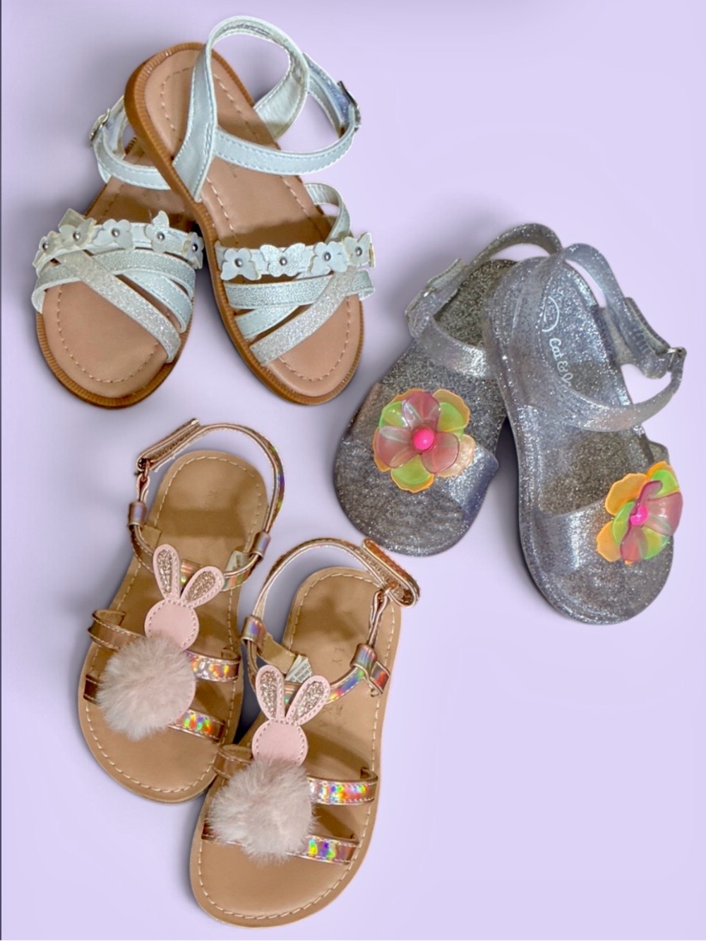 Girls Sandals - Sz 7 - White, Bunnies, Flowers Trio Bundle